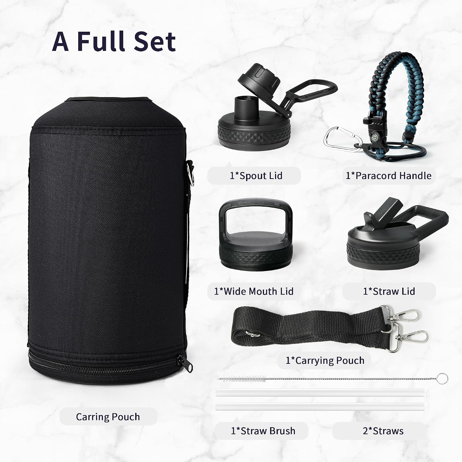 Trebo One Gallon Water Bottle Insulated with 3 Lids, Paracord Handle & Bag
