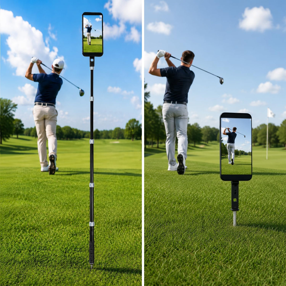 Golf Tripod & Monopod Golf Swing Phone Holder 47" Aluminum Alloy Selfie Stick for Golf Training Aid 7.8" Stainless Steel Ground Spike 12" Detachable Tripod, Indoor Outdoor, Fits Phone Camera GoPro
