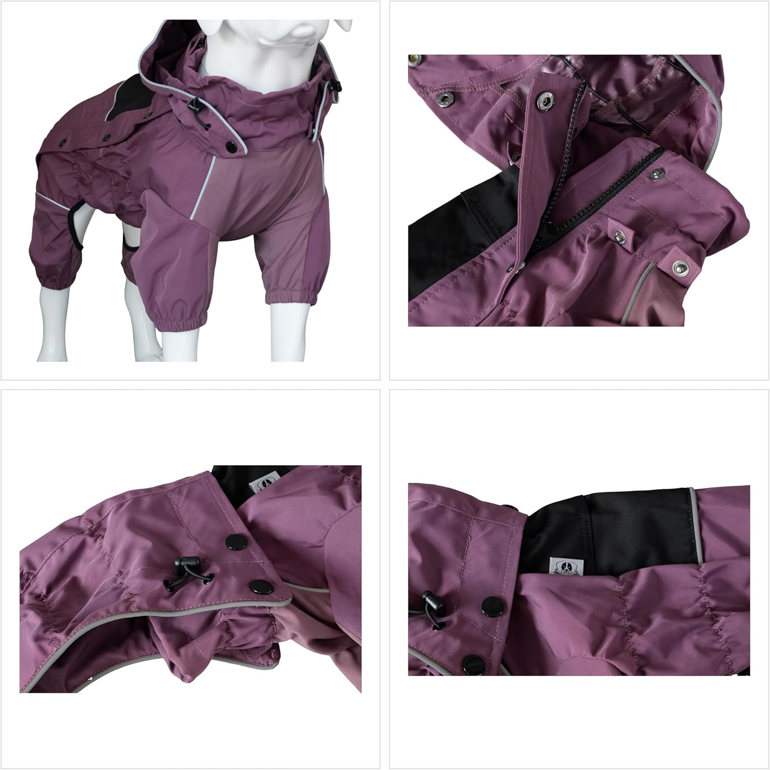 LOVELONGLONG Waterproof Dog Raincoat with Removable Hood – Outdoor Full Body Dog Jacket, Windproof Snowproof Shell Suit – All Season Pet Rain Gear Plum Purple 3XL