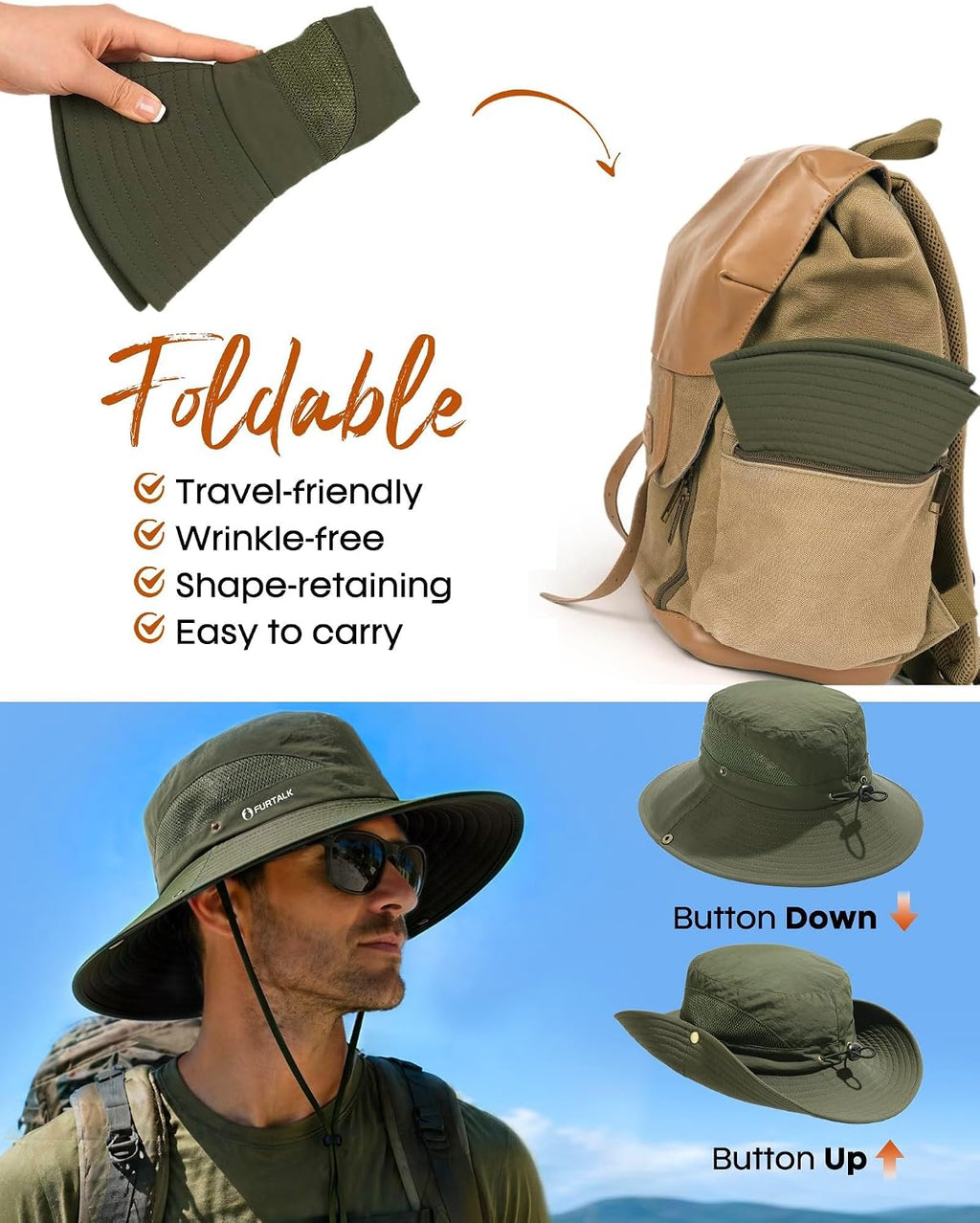 FURTALK Mens Bucket Sun Hat UPF Protection Wide Brim Breathable Fishing Hat