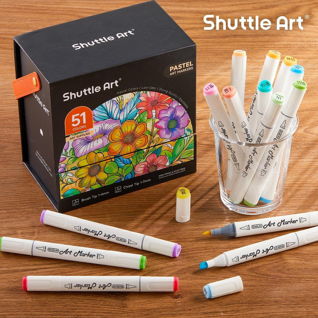 Shuttle Art Pastel Alcohol Markers Brush tip, Dual Tip Brush & Chisel Tip Art Marker Set, 50 Colors plus 1 Blender Marker Pens with Case Perfect for Illustration Students Adults Coloring Sketching