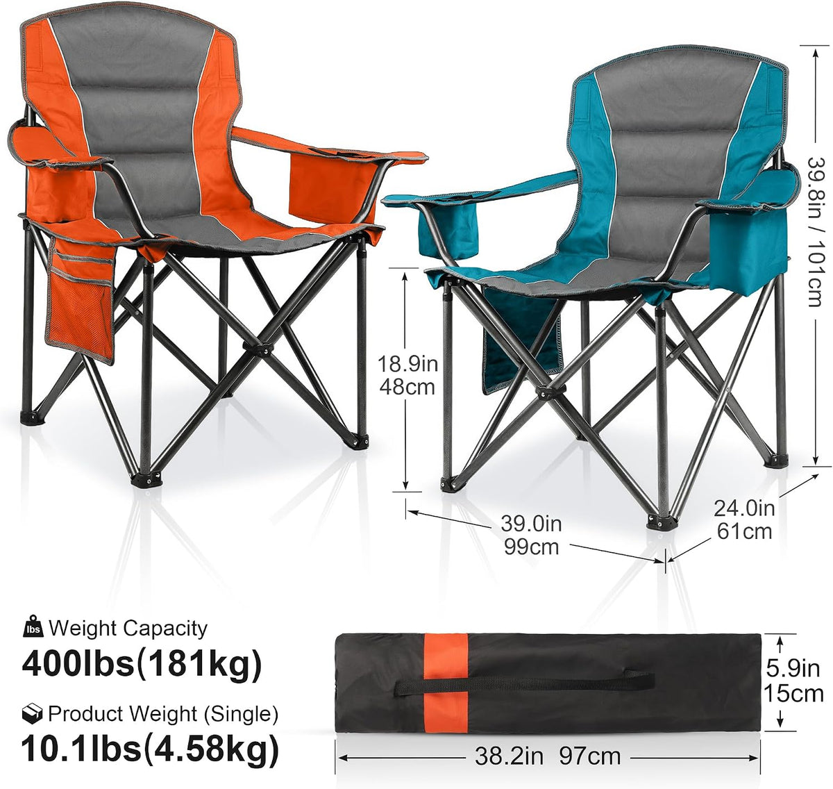 2 Pack Padded Oversized Camping Chairs for Adults,Heavy Duty Support 400 Lbs,Folding Portable Lawn Chair w/Cup Holder,Cooler Bag,Side Pocket,Perfect for Outdoor Picnic,Hiking(Orange&Blue)