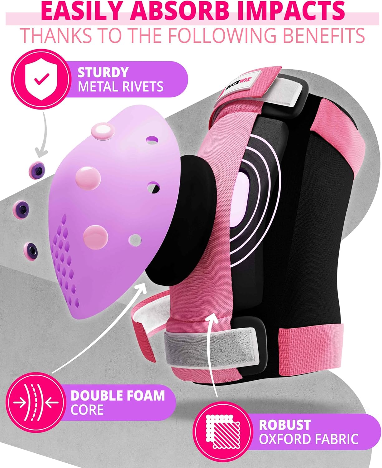 SKATEWIZ Skateboard Pads Protective Gear Set for Kids and Adults - Smash - Roller Skate Pads [6pc] with Wrist Guards - Skating Protective Gear - Roller Derby