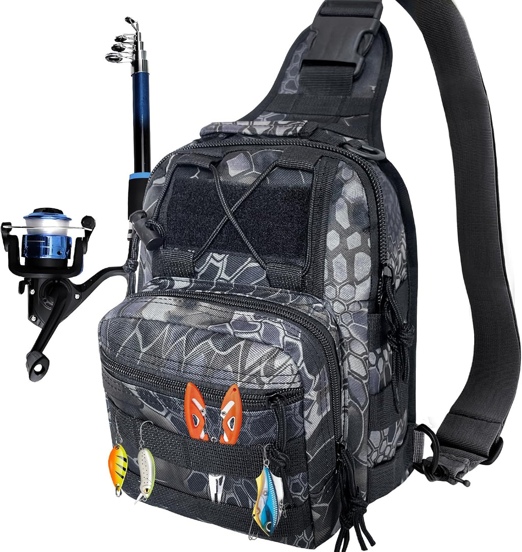 Kynzo Fishing Sling Backpack with Rod Holder, Water-Resistant Fishing Tackle Bag, Durable Shoulder Crossbody Pack for Freshwater Saltwater Fishing