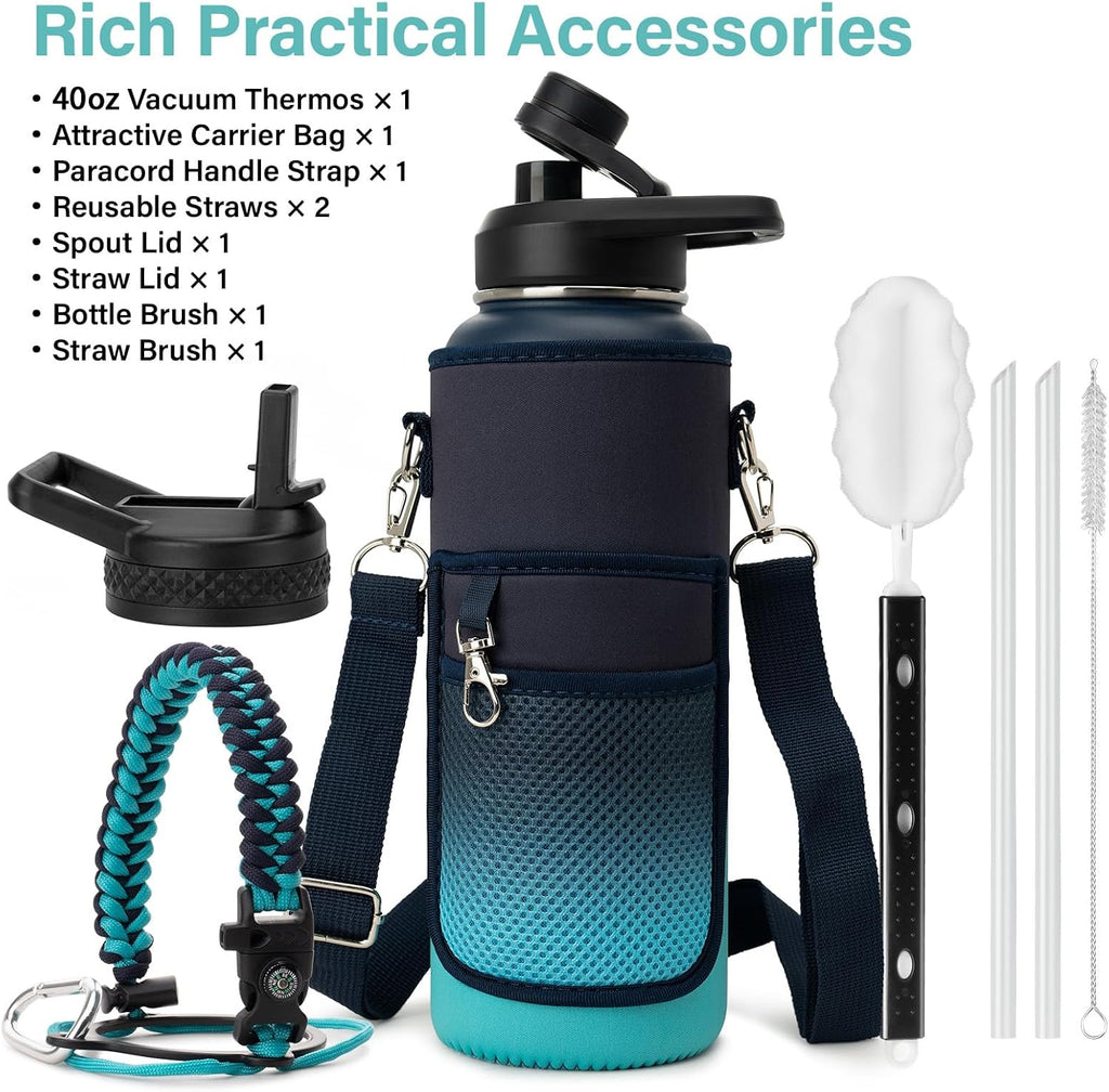 DYSANKY Insulated Water Bottle | Thickened Stainless Steel Vacuum Metal | Portable Sports Water Jug for Gym and Hiking with Straw, Carrier Bag, Handle Strap | BPA-Free 40 oz