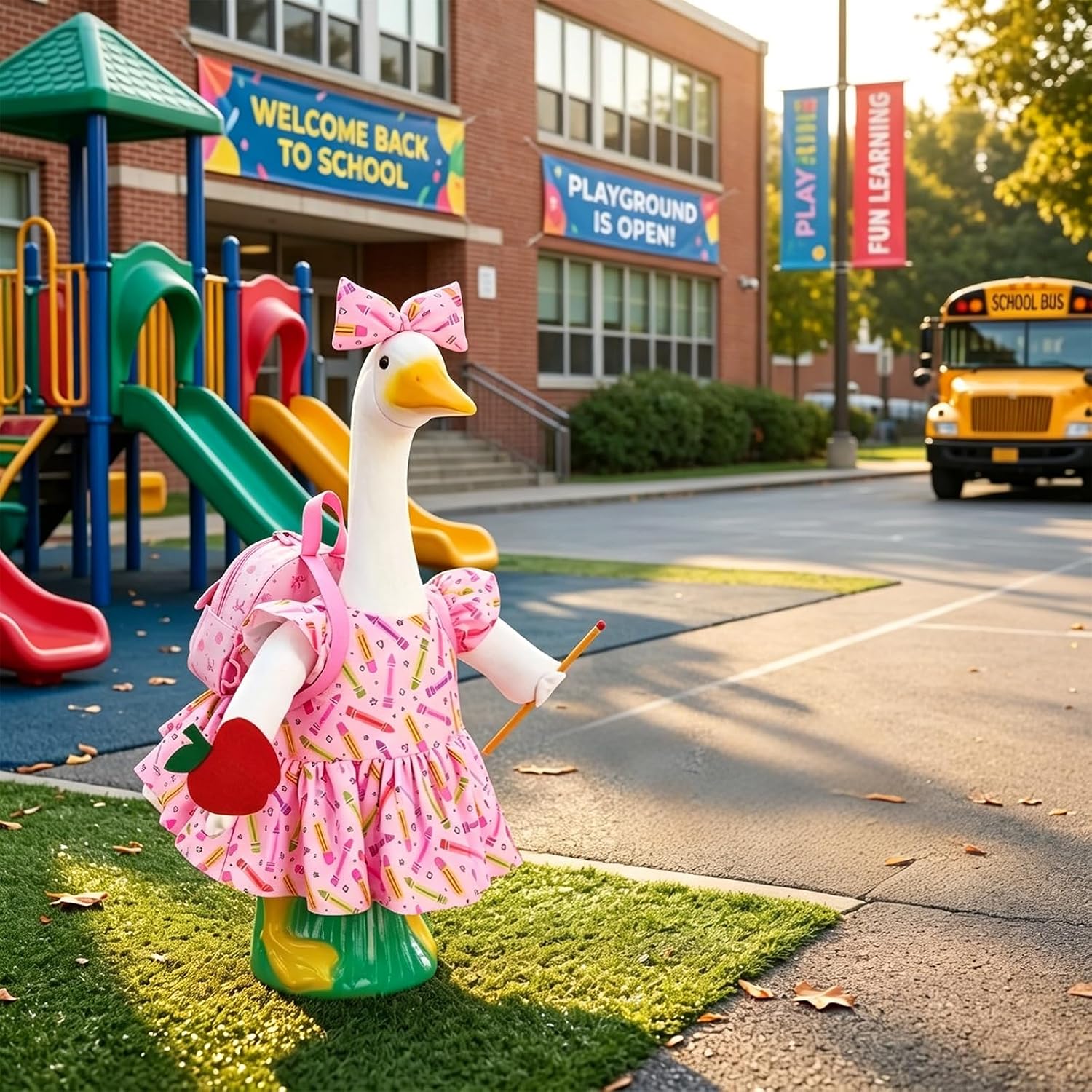 Back to School Porch Goose Outfit Set for 23'' Plastic Statue, Lawn Porch Goose Clothes with Apple for School Outdoor Garden Yard Patio Decor(Back to School)