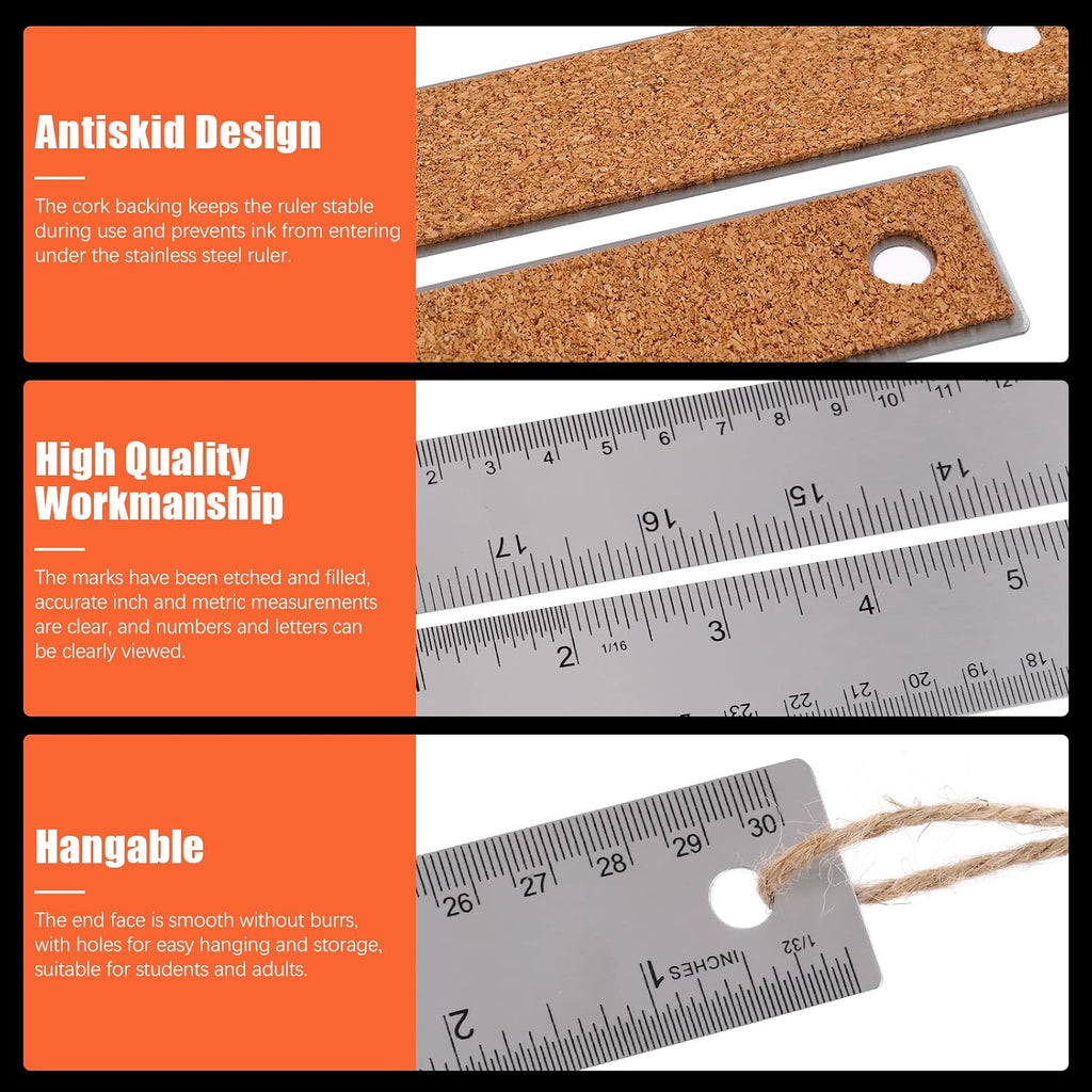 Tanstic 15Pcs 6" 12" 18" Stainless Steel Cork Back Metal Ruler, Non-Slip Cork Backing Rulers with Inch and Centimeters, Non Slip Straight Edge Ruler with Cutting Mat, Pencil, Craft Knife for Office