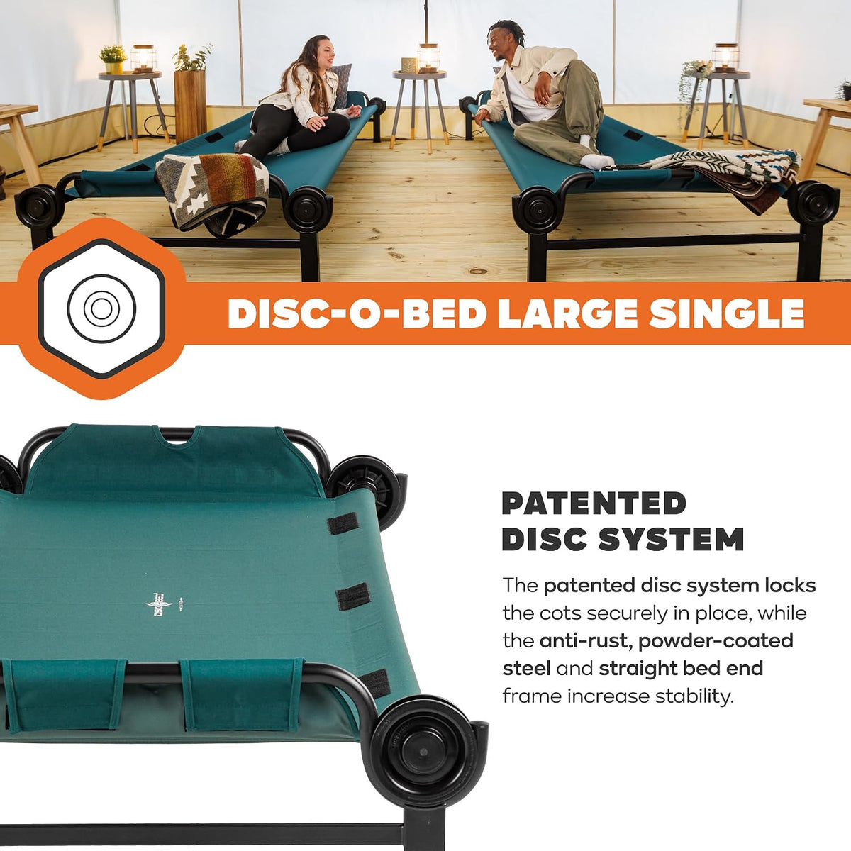 Disc-O-Bed Large Outdoor Modular 1 Person Single Camping Cot Portable Bed for Adults, Sleep Solution for Tents, Green