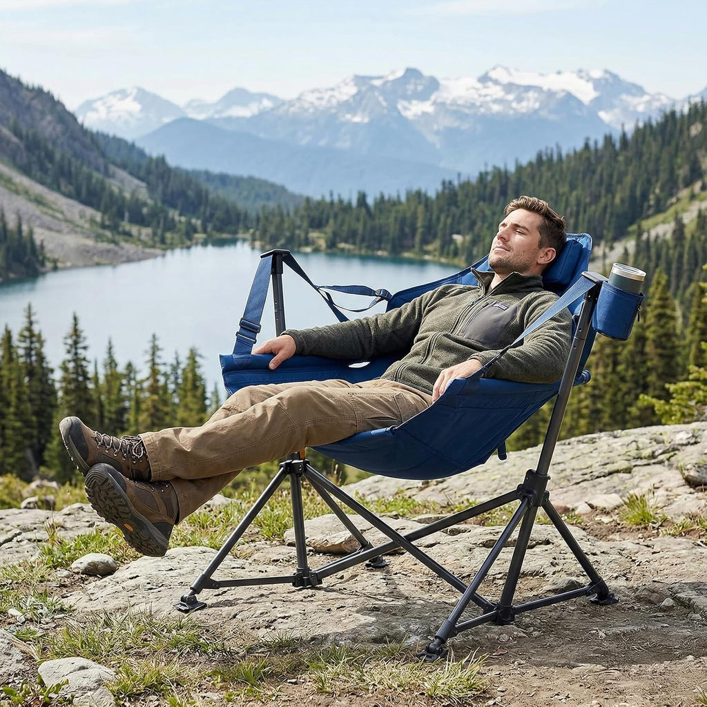 EVER ADVANCED Hammock Camping Chair, Oversized Heavy Duty Swing Chair with Detachable Cup Holder, Portable Folding Rocking Camping Chair, Support Up to 400lbs, Blue