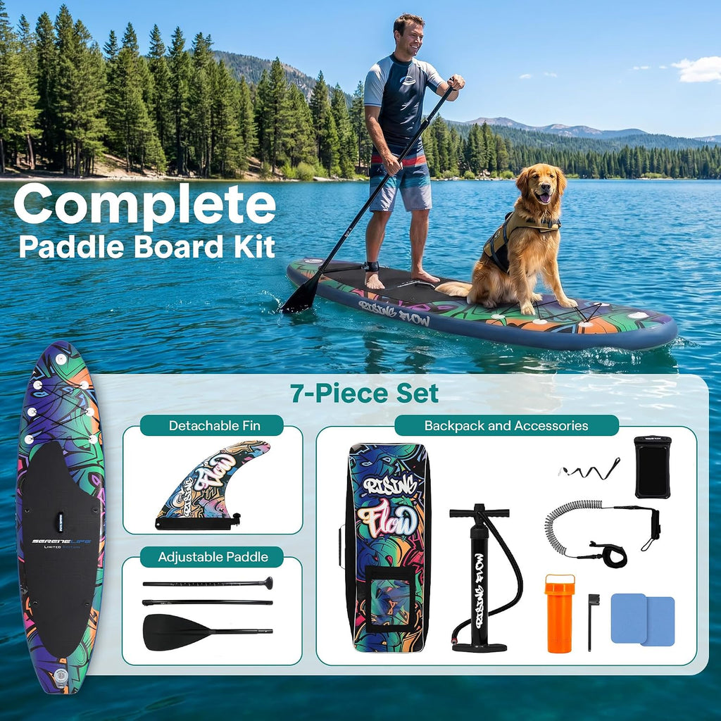 SereneLife 10’6” Inflatable Stand Up Paddle Board with Premium SUP Accessories - 32” Wide Stable Design with Non-Slip EVA Deck Pad, for Youth and Adults, 350 lbs. Capacity