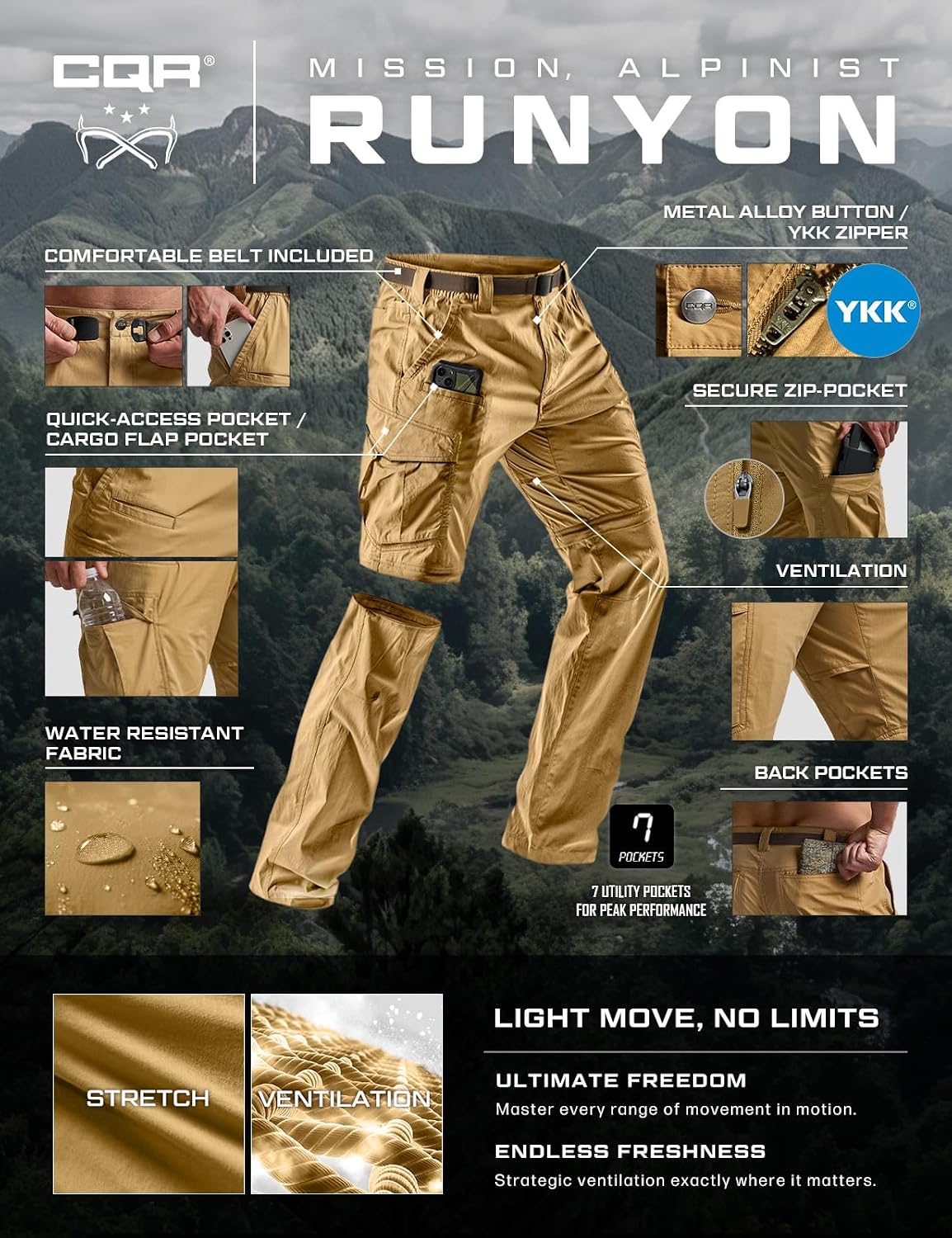 CQR Men's Convertible Cargo Tactical Pants, Water Resistant Outdoor Hiking Pants, Zip Off Lightweight Stretch Work Pants