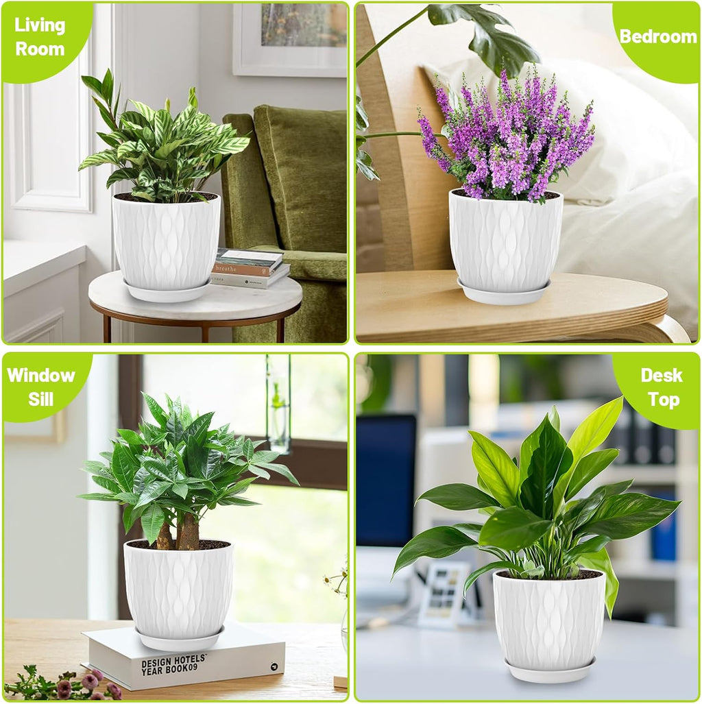 Plastic Plant Pots 10/9/8/7.5/7 inch Set of 5, Flower Planters with Drainage Holes and Saucers, Plastic Pots for Indoor Outdoor Plants, Livingroom Garden Decor (White)