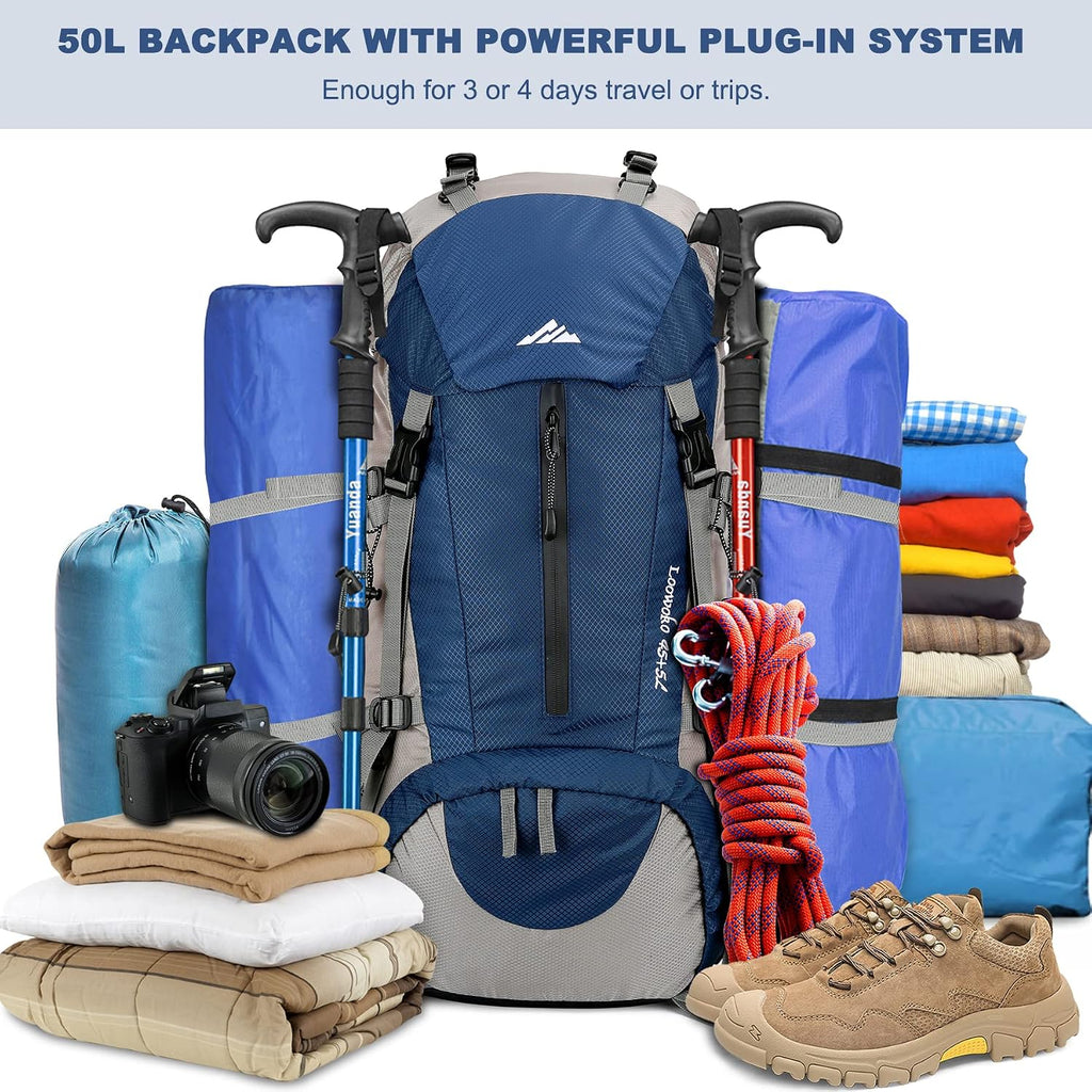 Loowoko 50L Hiking Backpack with Rain Cover for Both Men & Women