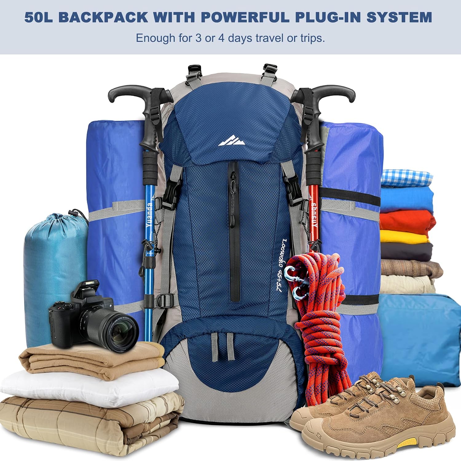 Loowoko 50L Hiking Backpack with Rain Cover for Both Men & Women