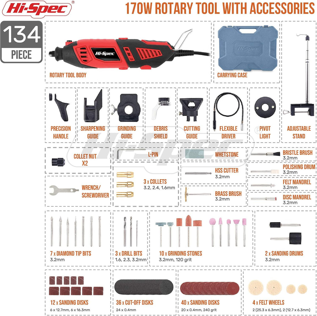 Hi-Spec Corded Rotary Tool Kit for Cutting, Grinding and Sanding with Bits