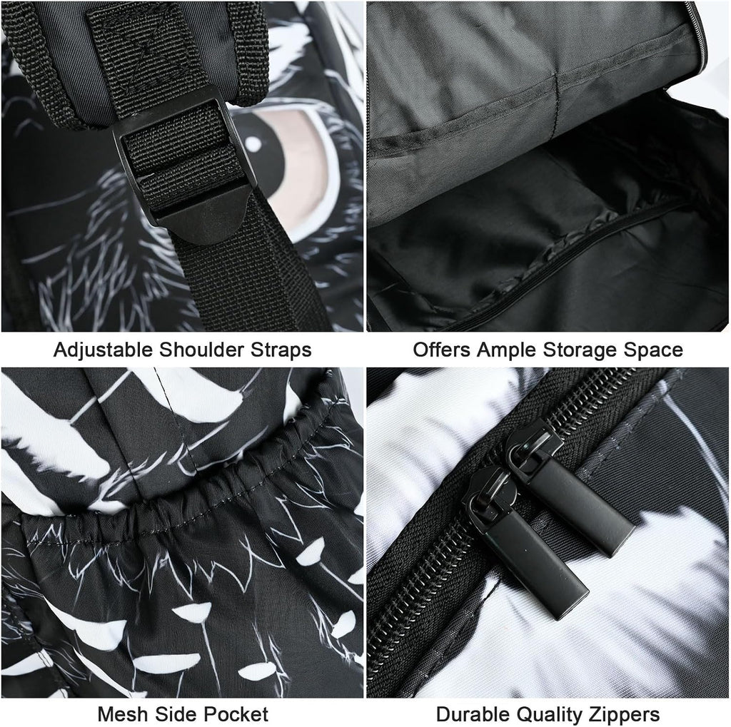 Black Owl School Backpack for Girls Boys Teens Bookbag 17 Inch Laptop Backpack for Sports Travel Camping