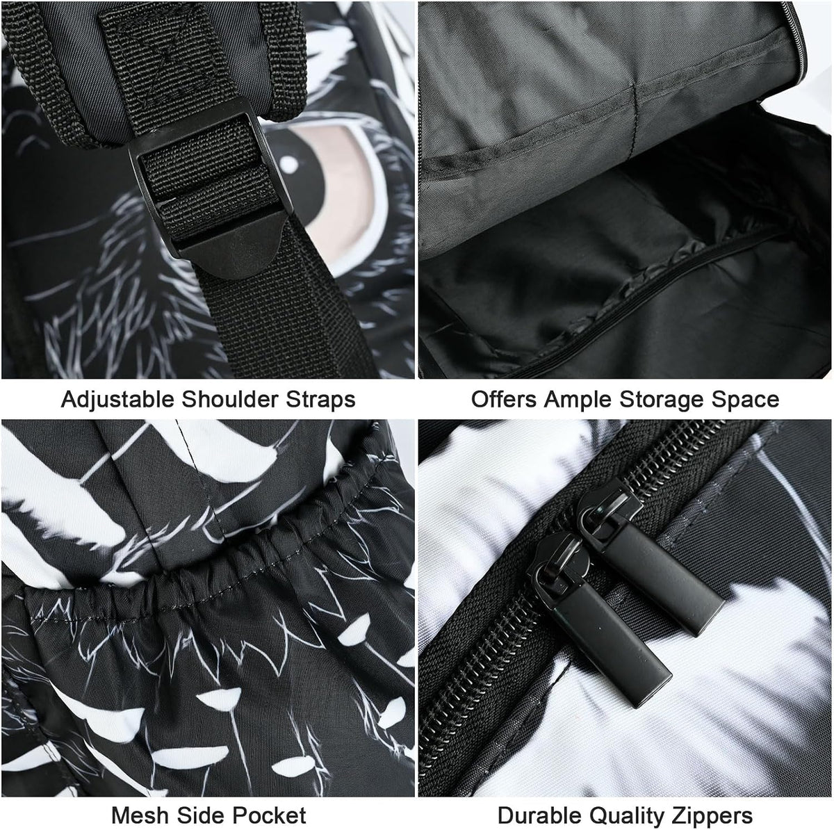Black Owl School Backpack for Girls Boys Teens Bookbag 17 Inch Laptop Backpack for Sports Travel Camping