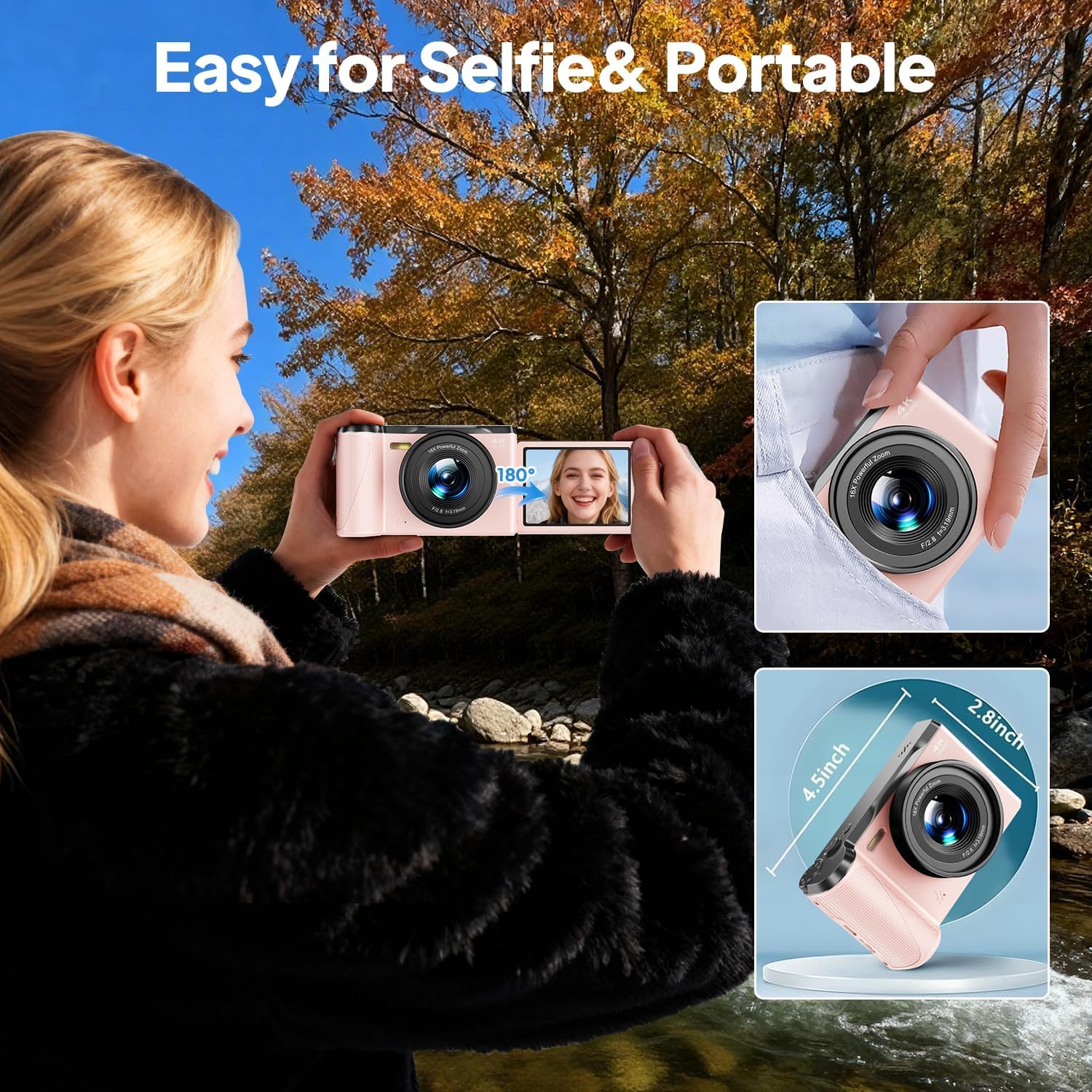 Focusinc 4K Digital Camera for Photography, Autofocus 56MP Vlogging Camera with 32GB SD Card, 3" 180° Flip Screen Compact Travel Camera for Teens Begnners with 16X Zoom,Pink
