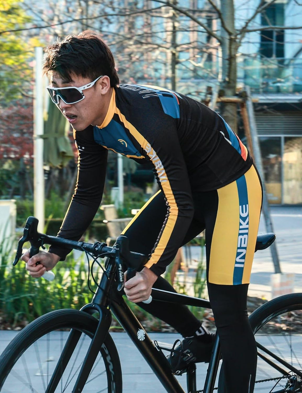 INBIKE Men's Cycling Clothing Set, Long Sleeve Cycling Jersey with 3 Rear Pockets, Cycling Bib Pants 3D Padded Breathable
