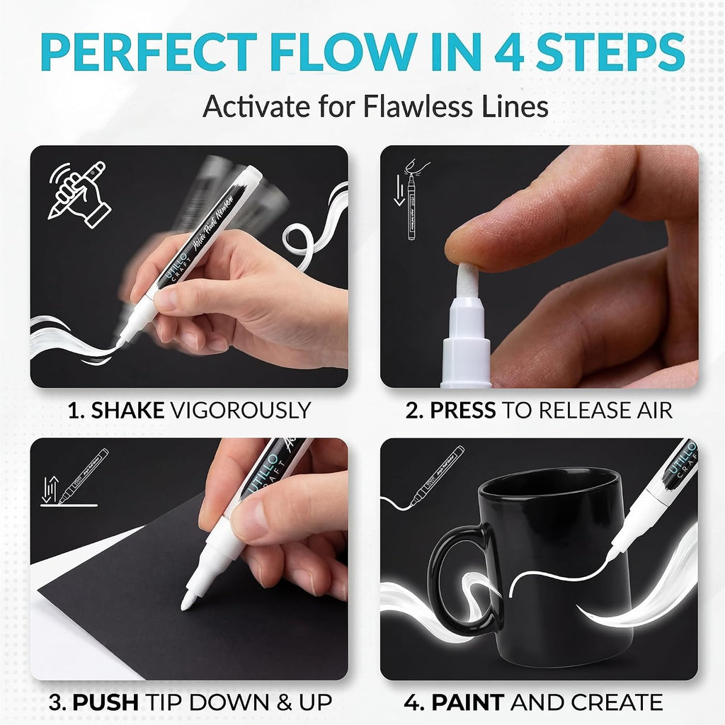 Utillo Craft Black and White Paint Pens (8-Pack), 0.7mm Extra Fine Markers