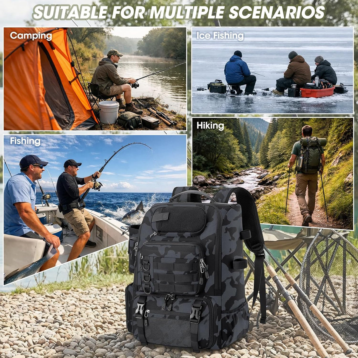 RAINSMORE Fishing Backpack 40L Tackle Backpack with Rod Holders & Cooler