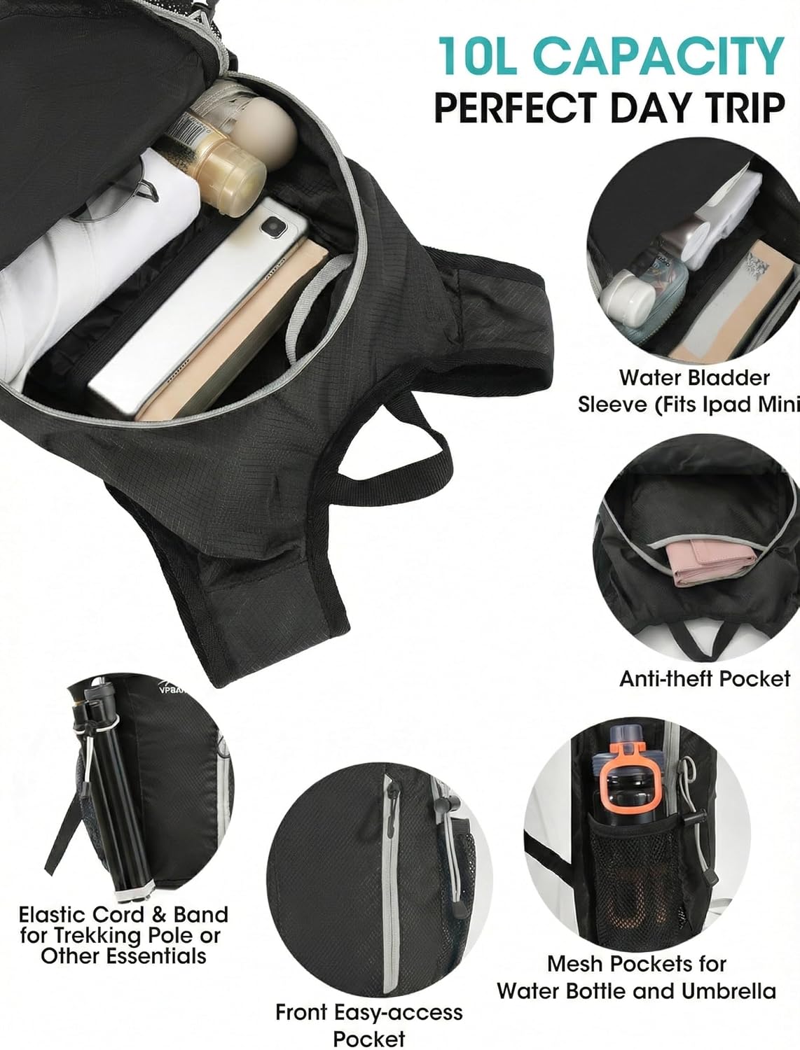 Foldable Small Hiking Backpack with 3 Strap Pockets – Lightweight 300D Spill-proof Daypack for Men Women – Packable Small Travel Backpack with Chest Strap & Trekking Pole Holder – Durable Outdoor Bag