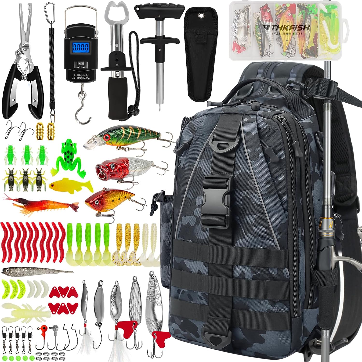 THKFISH 85Pcs Fishing Tool Kit, Fishing Backpack with Tackle Boxes Included, Fishing Tackle Kit Include Fishing Bait Lure Gear Kit, Fishing Pliers, Fish Hook Remover, Lip Gripper
