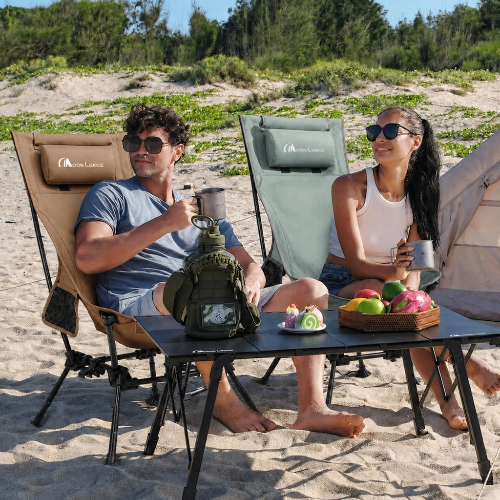 MOON LENCE High Back Folding Camping Chairs, Height-Adjustable, Widened Seat, for Beach with Anti-Sinking Feet (Khaki)