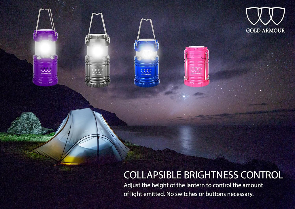 Gold Armour Camping Lanterns for Power Outages 4 Pack, Camping Essentials Lantern, Emergency Led Battery Operated Lights, Survival Kit and Gear for Hurricane (Multicolor)