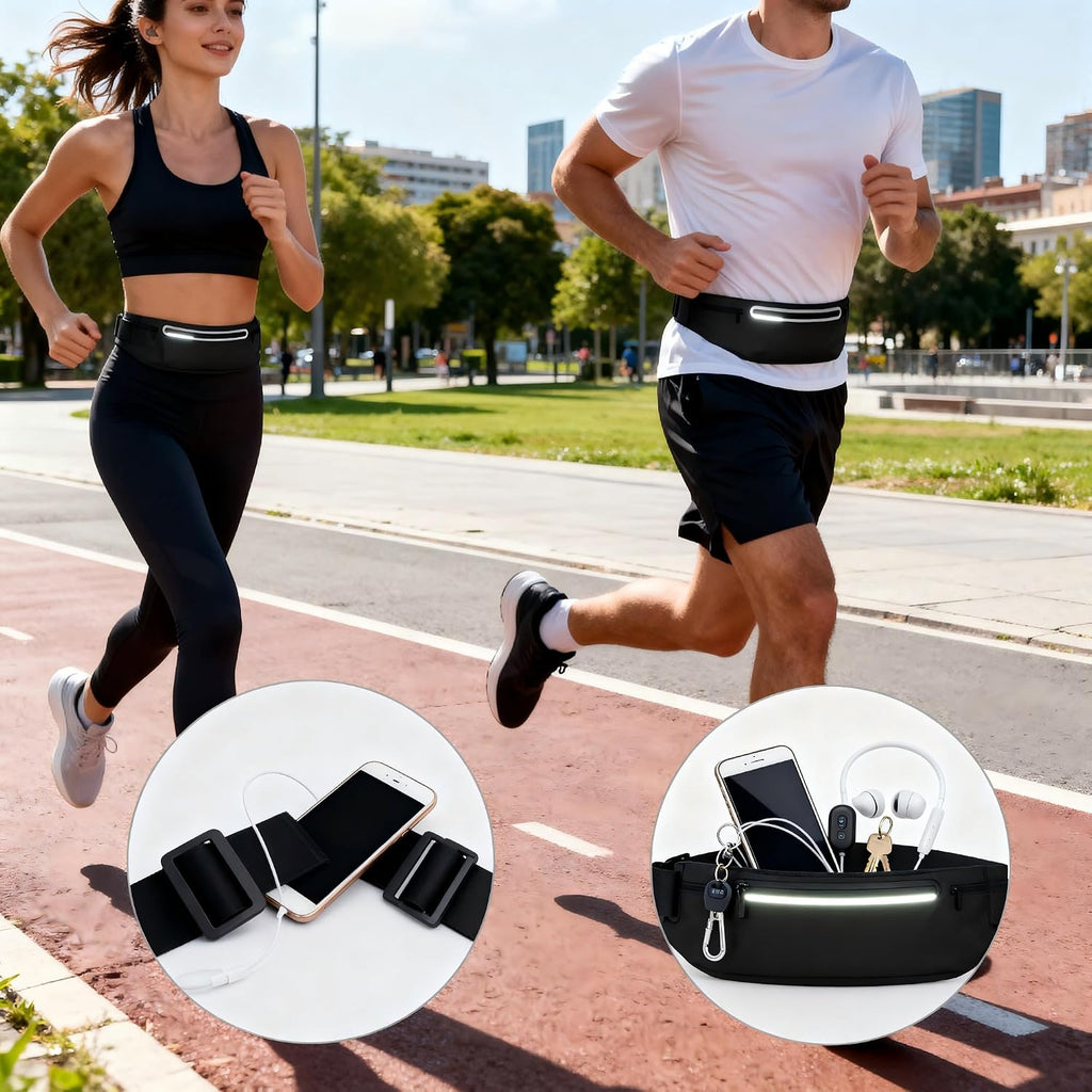 2 in 1 running set | running belt + moisture sweat headband, ultra-thin invisible shock proof waist bag, three pockets belly bag, suitable for fitness, jogging, hiking