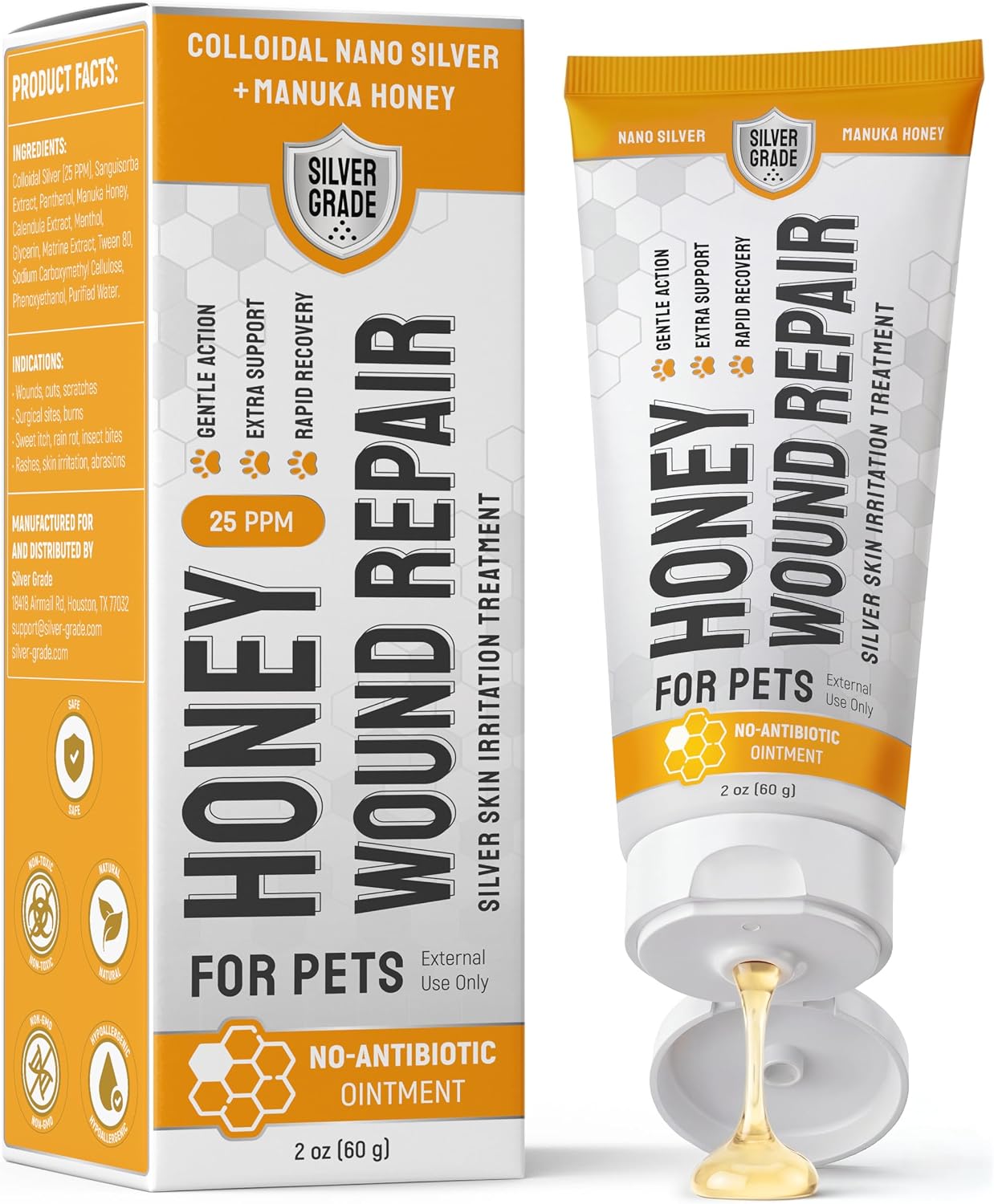SILVER GRADE Dog Wound Care with Manuka Honey & Colloidal Silver for Scratches & Skin Irritations – Cat & Dog Hot Spot Treatment Gel Works as Honey Rapid Wound Repair for Horses – for All Pets – 2-Oz