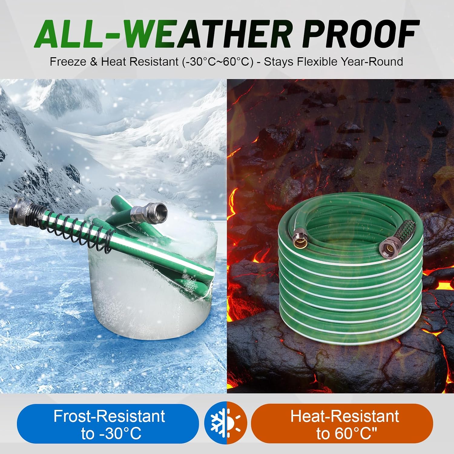 Hybrid Rubber Garden Hose 100 ft with Heavy Duty Solid Fittings