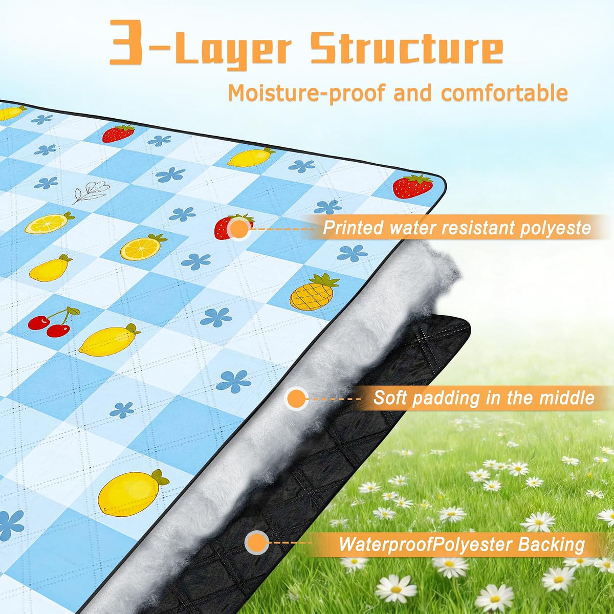 Picnic Blankets Outdoor Blanket,80"x 80" Extra Large Waterproof Sandproof Foldable Beach Blanket Grid Picnic Mat for Camping,Lawn,Park(Light Blue)