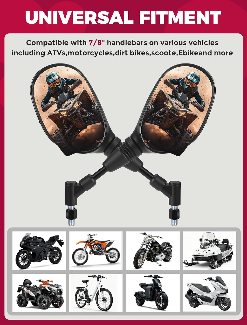 Motorcycle Mirrors Side Rearview Mirror for ATV Scooter Moped Quads GY6