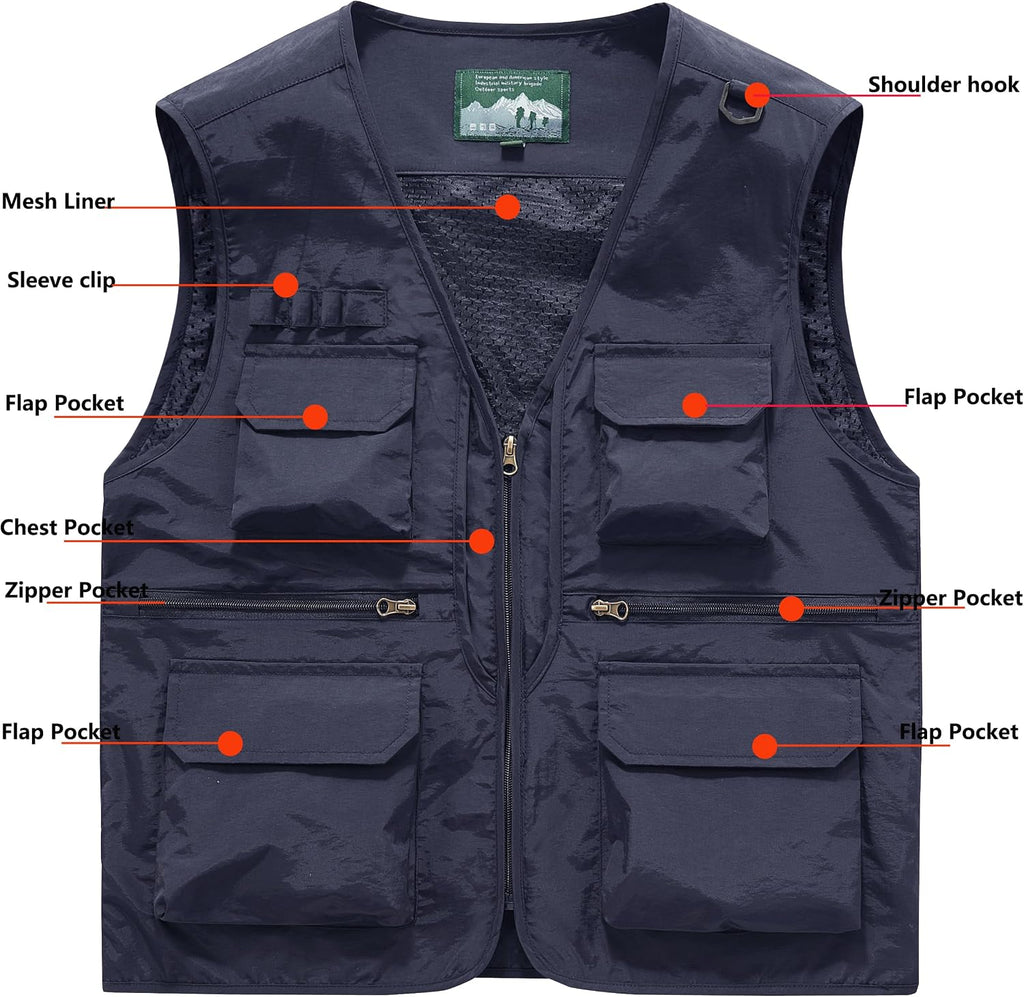 Men's Utility Fishing Cargo Vest Outdoor Lightweight Safari Travel Photo Vest Hiking Waistcoat With Multi Pockets