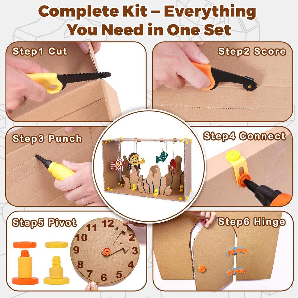 Kids Cardboard Construction Tool Set with Electric Drill & Tool Belt -258PCS, STEM Building Kit for Creative Craft Projects, Educational DIY Engineering Toy for Boys & Girls