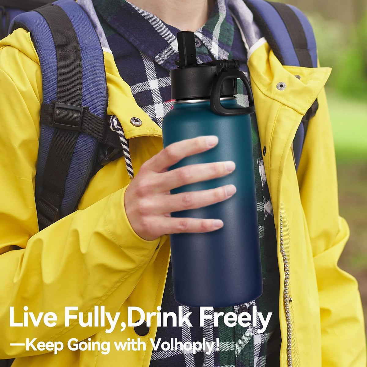 Volhoply 32 oz Insulated Water Bottle with Straw Lid and Spout Lid,Stainless Steel Sports Water Bottle,Double Wall Vacuum Cups,Leakproof Metal Flask with Wide Mouth for Hiking,Camping(Dark Night,1)