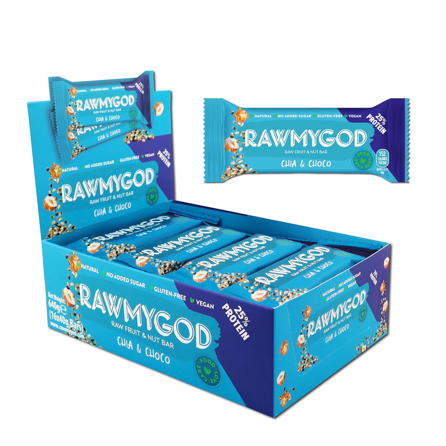 RAWMYGOD Fruit and Nut Bars, Good Source of Protein (10g, 25% protein content), Gluten Free, Vegan, No Added Sugar (16 bars, Chia & Choco)