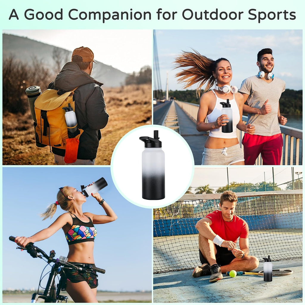 DOMICARE 32 oz Insulated Water Bottle Bulk, Vacuum Insulated Stainless Steel Sports Water Bottle with Straw Lid & Spout Lid, Leakproof, Reusable - Travel, Bike, Black White Gradient (8 Pack)