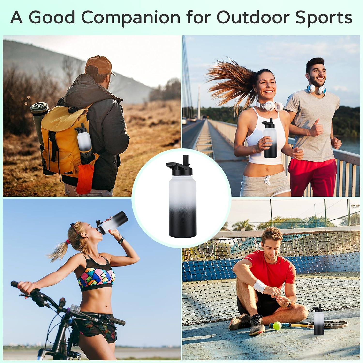 DOMICARE 32 oz Insulated Water Bottle Bulk, Vacuum Insulated Stainless Steel Sports Water Bottle with Straw Lid & Spout Lid, Leakproof, Reusable - Travel, Bike, Black White Gradient (8 Pack)