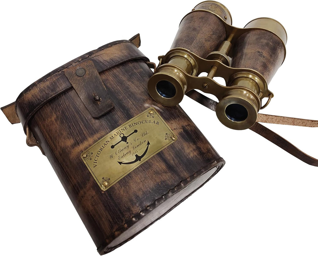 Brass Antique Binoculars, Grey, Brown Leather Strap