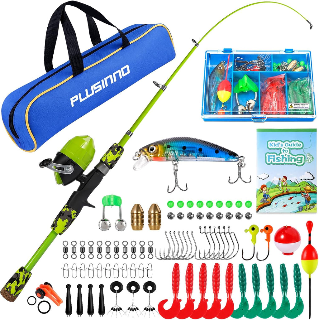 PLUSINNO Kids Fishing Pole with Spincast Reel Telescopic Fishing Rod Combo Full Kits for Boys, Girls, and Adults