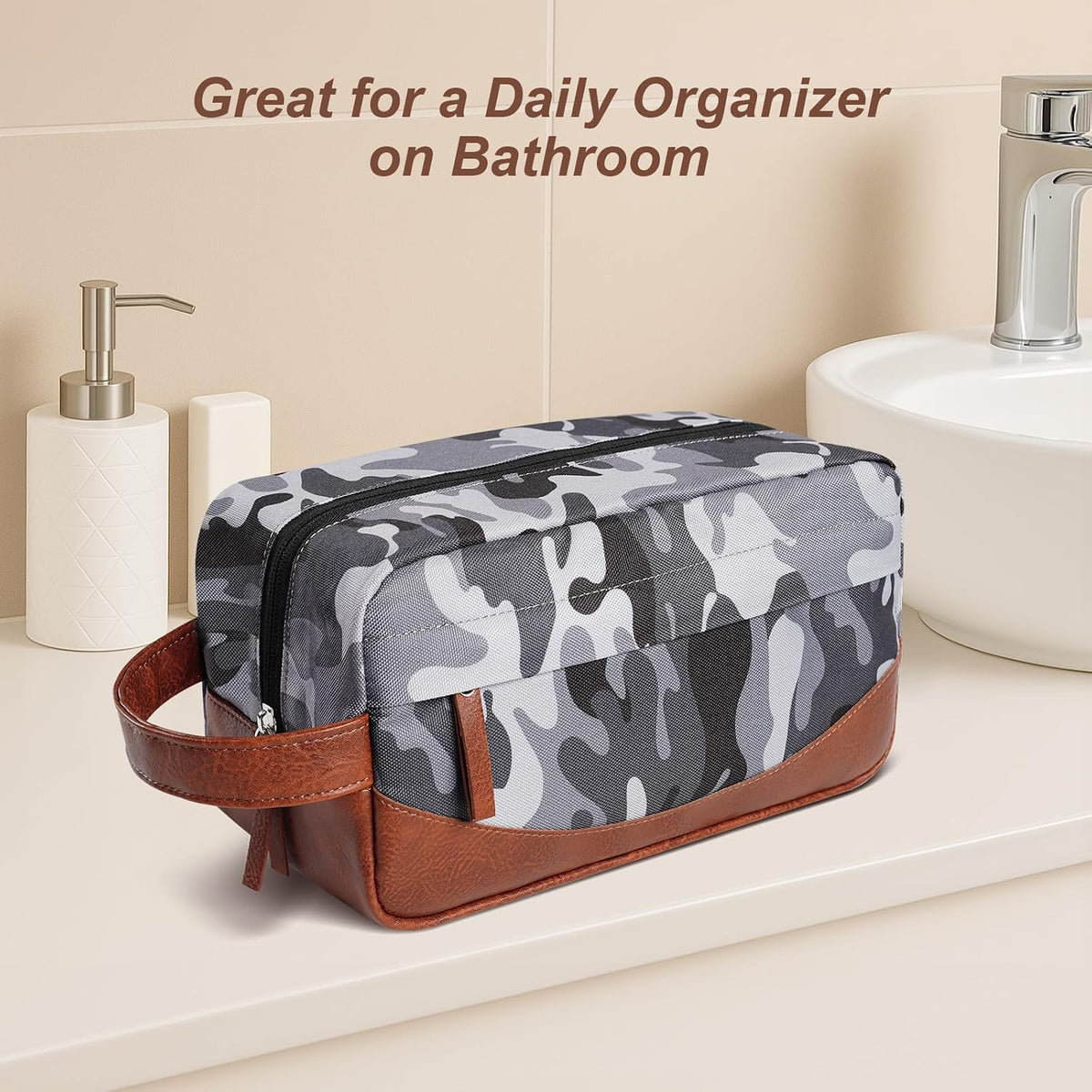 Travel Toiletry Bag for Men, Hanging Toiletry Organizer, Water Resistant Shaving Kit with Large Capacity for Travel Accessories (Camo-Gey, Medium)