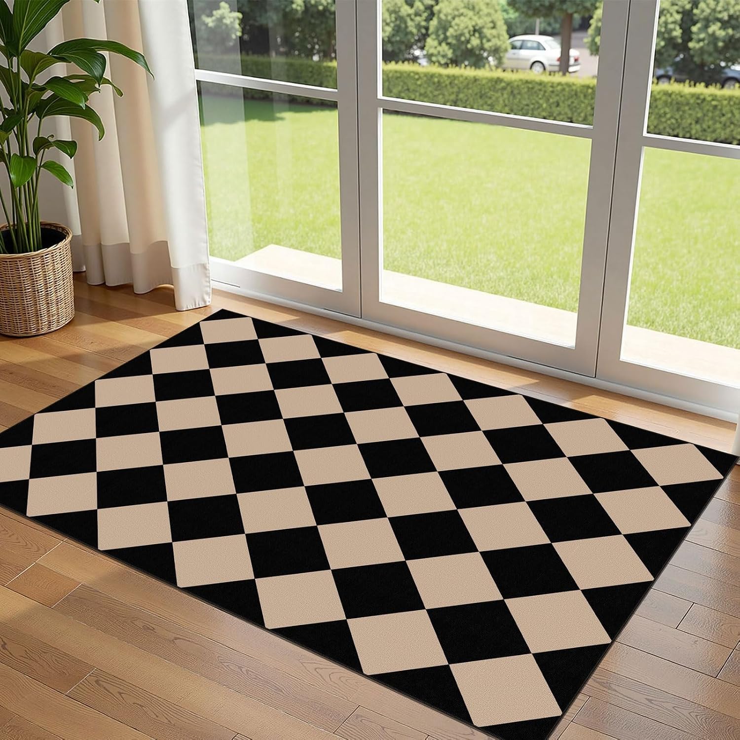 Black Tan Checkered Entry Rug - 3x5 Non-Slip Indoor Outdoor Rugs