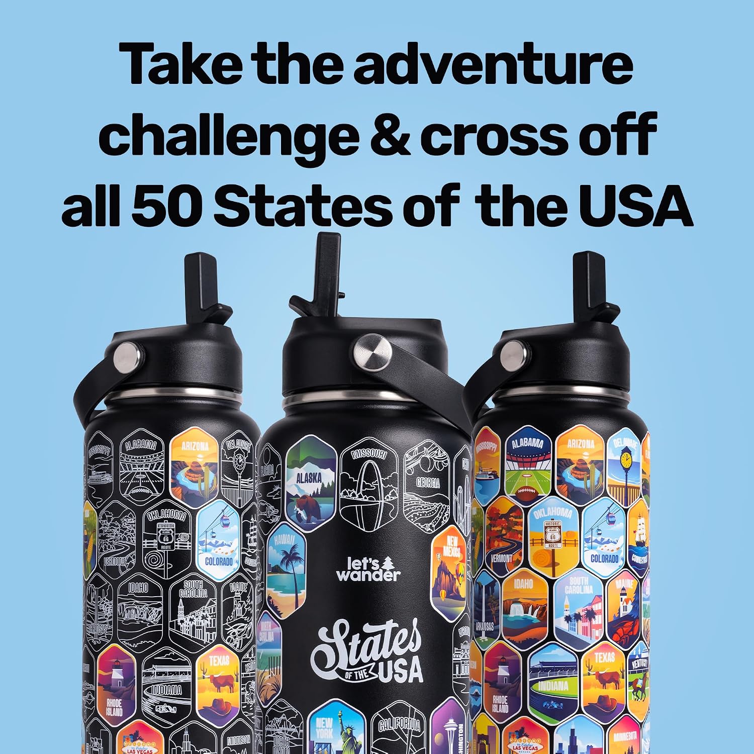 LET'S WANDER Lets Wander 50 States Water Bottle with Waterproof Stickers - 32oz Leakproof Insulated Stainless Steel with Straw - States of the USA Gift Bottle (Black)