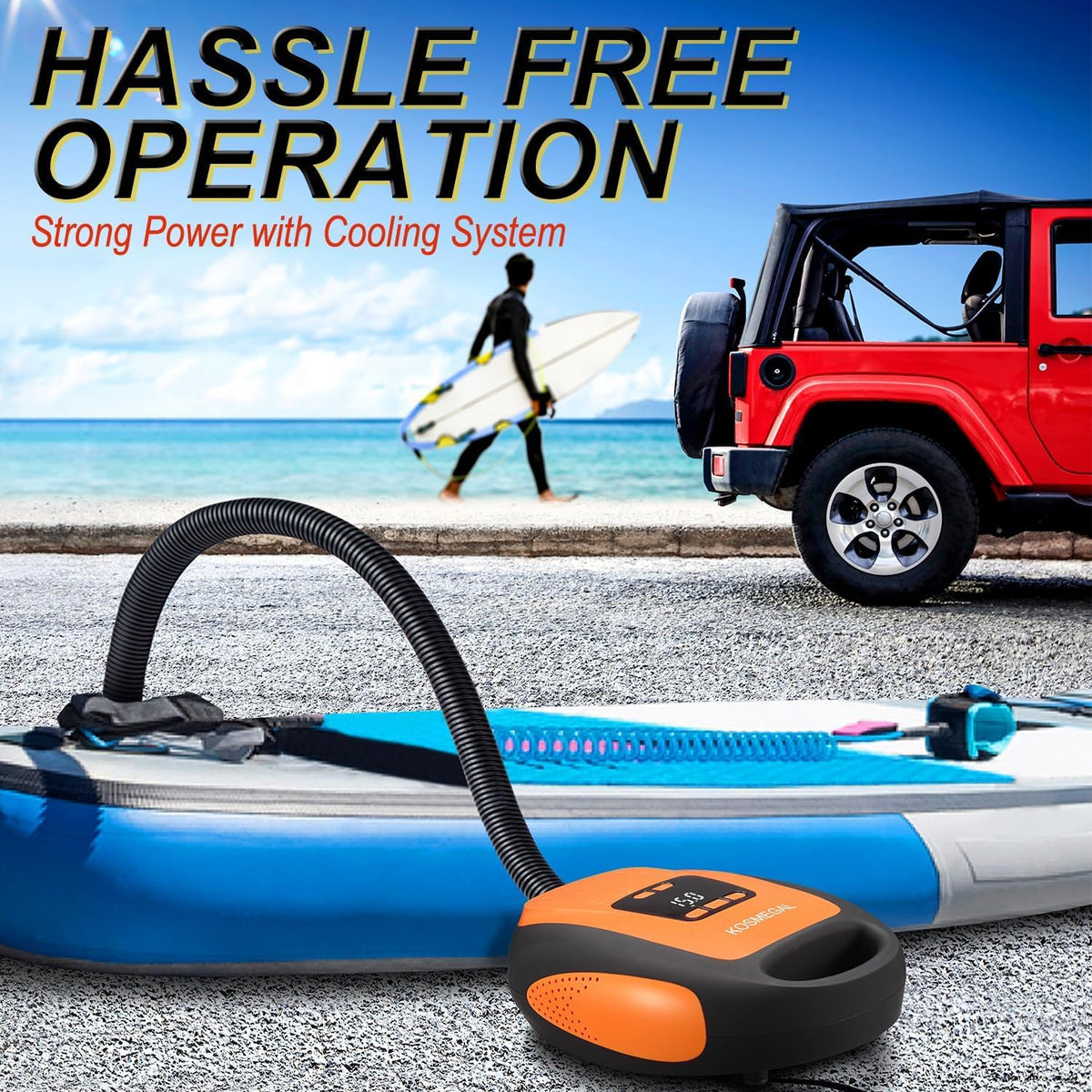 Paddle Board Pump Electric Portable, KOSMEGAL SUP Pump for Paddleboard, Professional 20PSI Air Compressor with Auto-Off, Deflation Function and 12V DC Car Connector for Inflatables, Kayaks and Boats