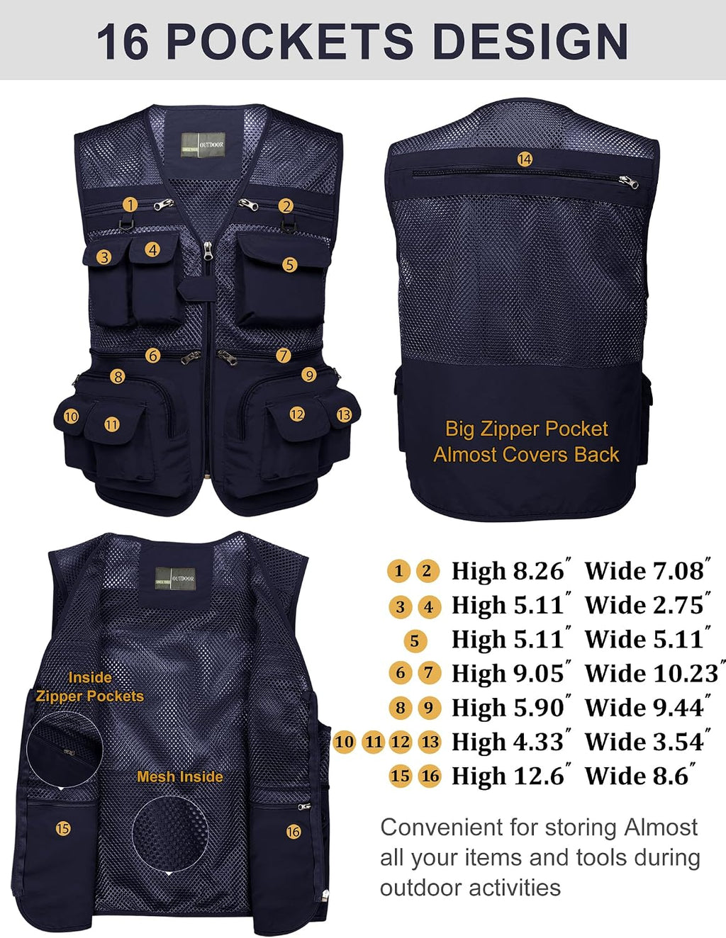 Flygo Men's Fishing Vest Utility Lightweight Outdoor Travel Safari Photo Cargo Vest with 16 Pockets
