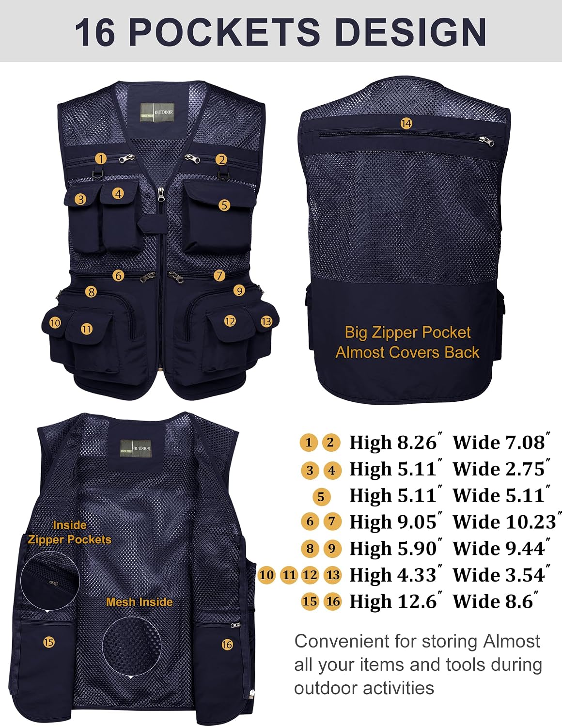 Flygo Men's Fishing Vest Utility Lightweight Outdoor Travel Safari Photo Cargo Vest with 16 Pockets