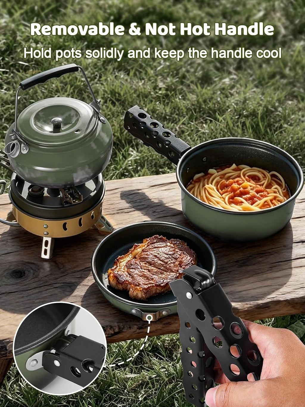 Odoland 5pcs Camping Cookware Non-Stick Camping Pot and Pan Set with Kettle and Removable Handle for Hiking Backpacking and Picnic