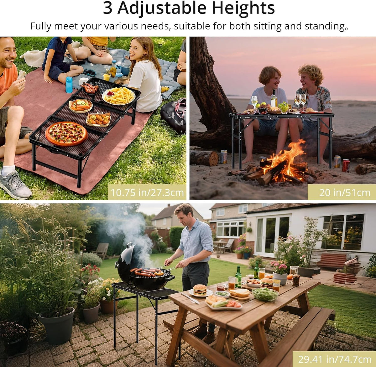 Anbte 3ft Tri-fold Grill Table, 3 Adjustable Heights Max 29.5", 35" x 16"